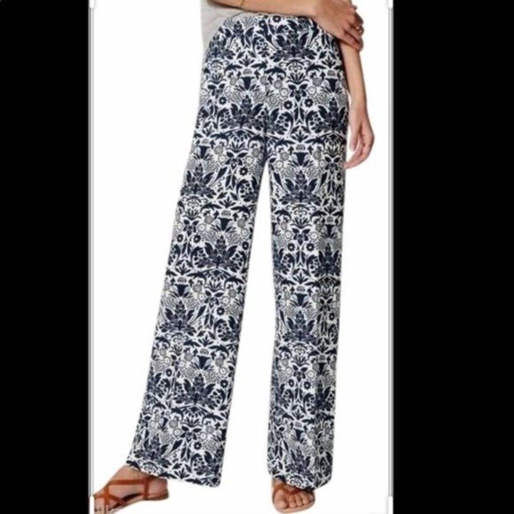 ANN TAYLOR LOFT linen blend navy patterned wide leg pants soft women size 0